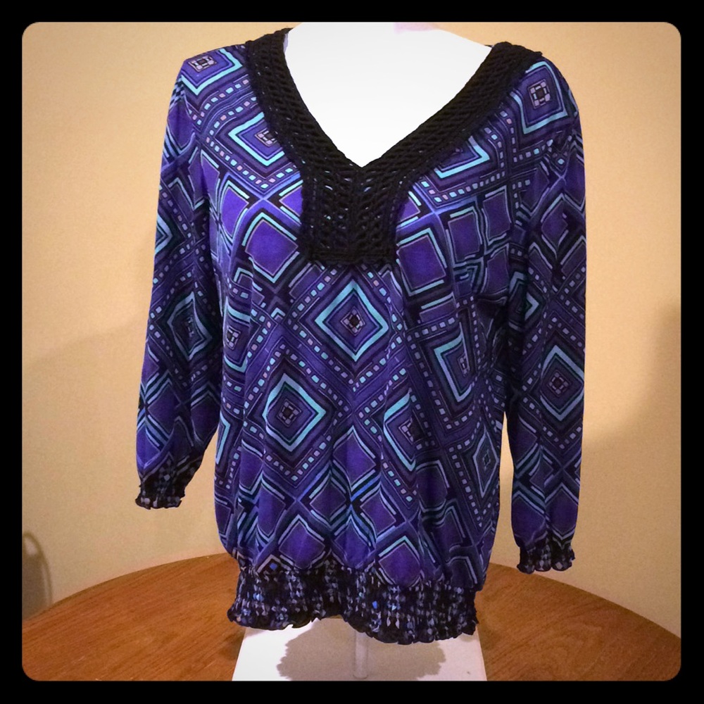 NWOT blue mesh blouse w/ crocheted collar.